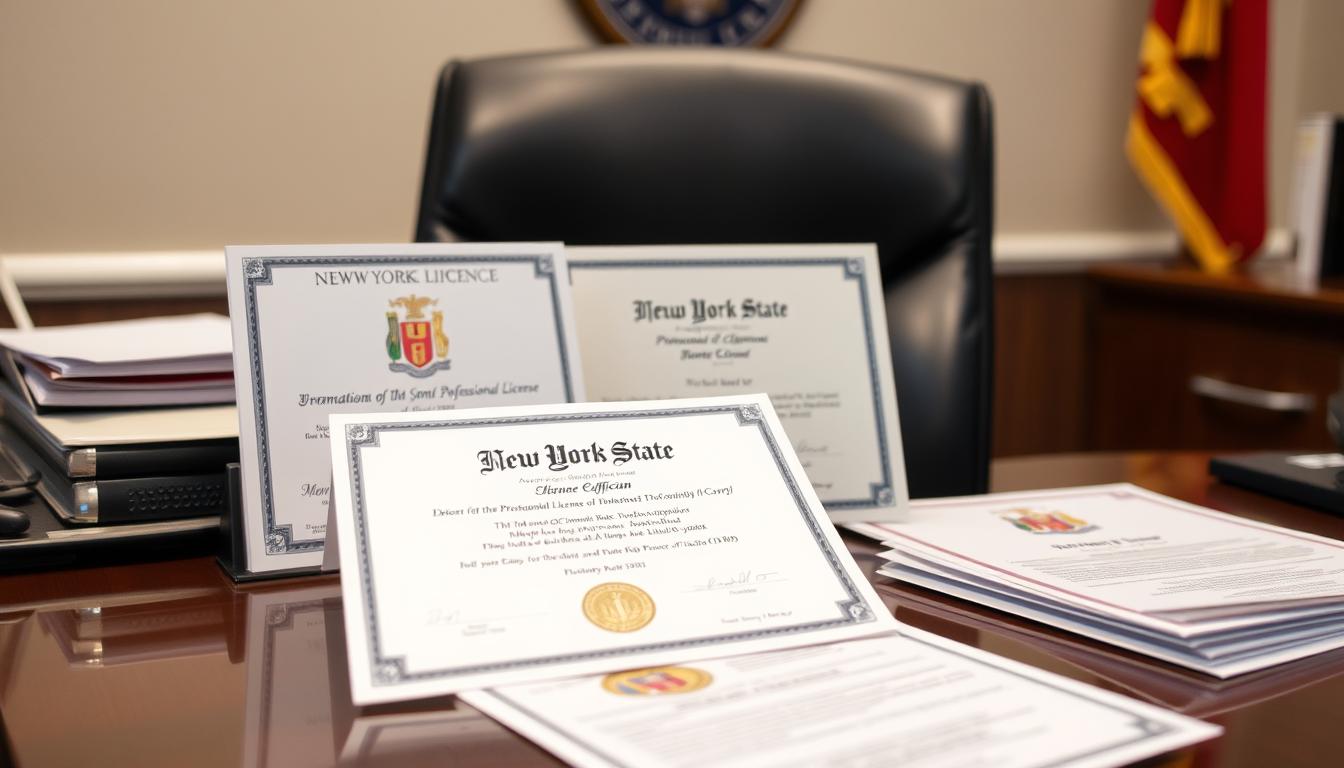 New York State professional licenses and documents displayed on a polished office desk with a black leather chair in the background.