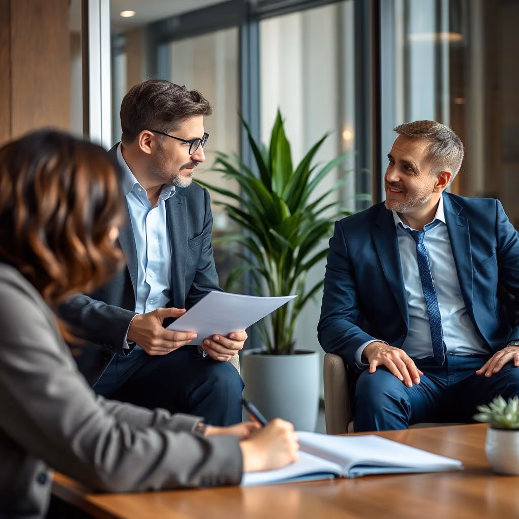 Three business professionals in suits having a discussion in a modern office with a plant and large windows.