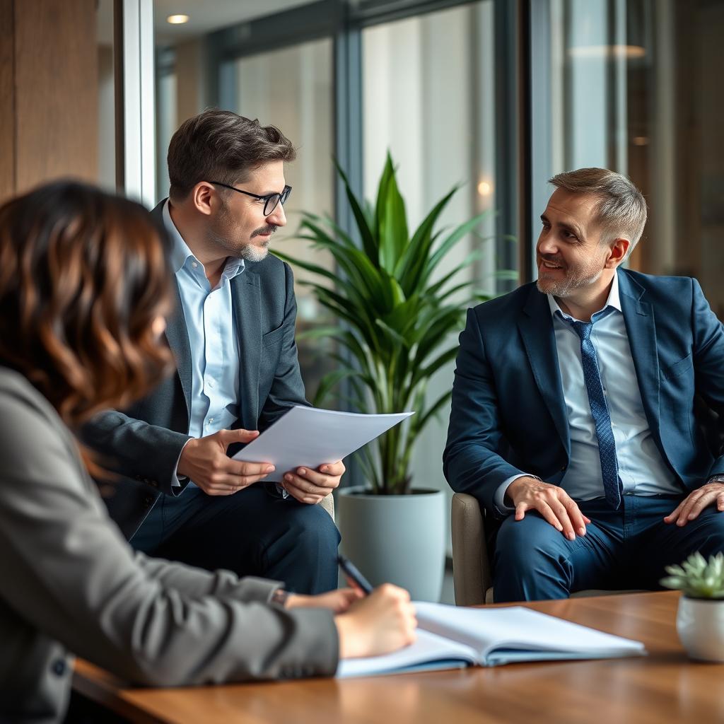 Three business professionals in suits having a discussion in a modern office with a plant and large windows.