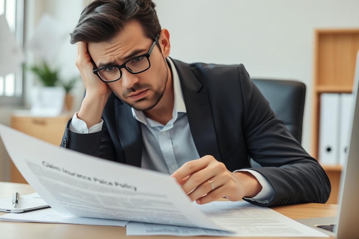 Worried businessman in glasses reading a claim insurance policy document at a desk.