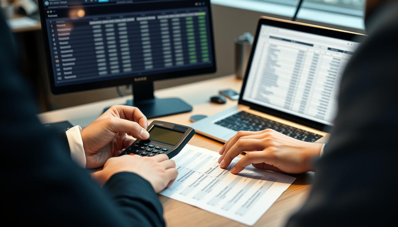 Two people analyzing financial data with a calculator, printed spreadsheet, and laptops displaying charts and tables.