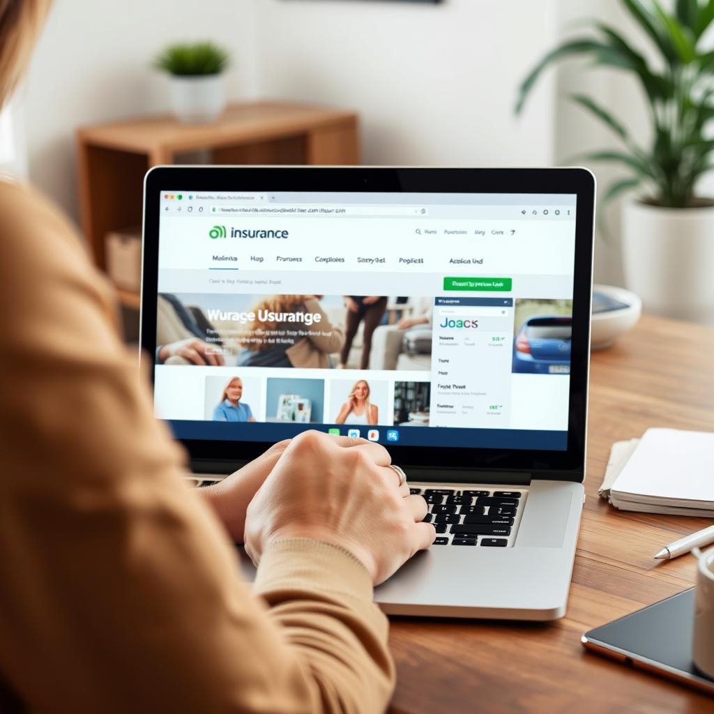 Person using a laptop on a wooden desk, viewing an insurance website with various policy options displayed.