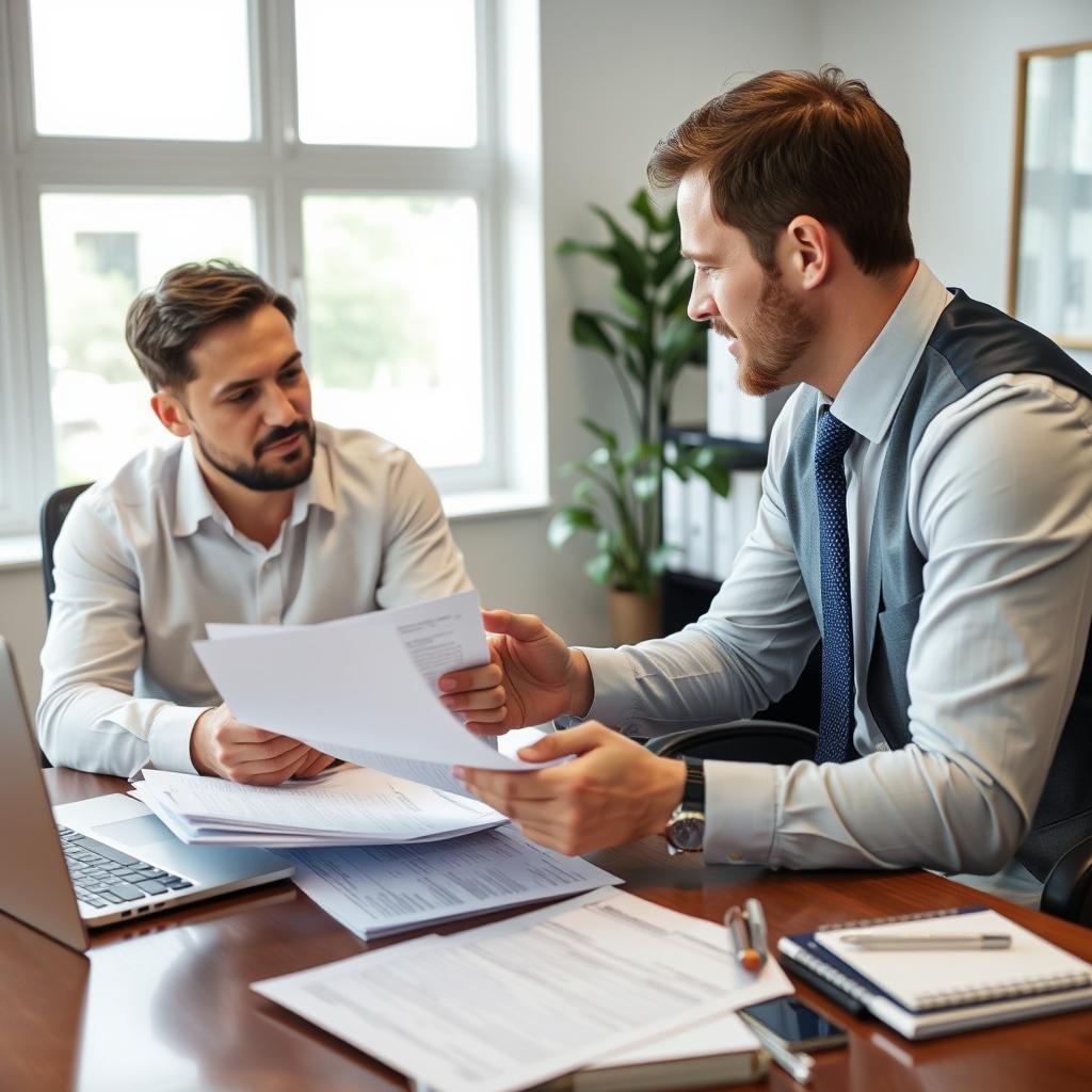 Two businessmen sitting at a desk reviewing documents together in a bright office.