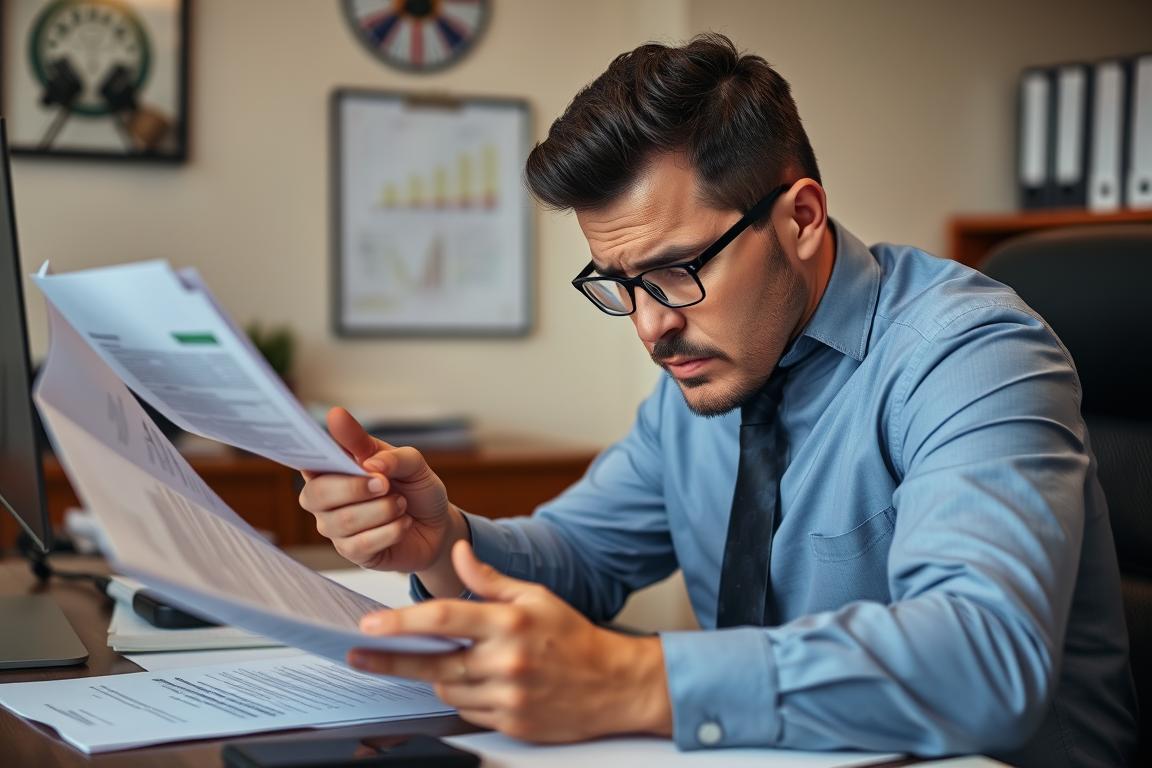 Man in glasses and blue shirt intensely reviewing multiple documents at his desk in an office.