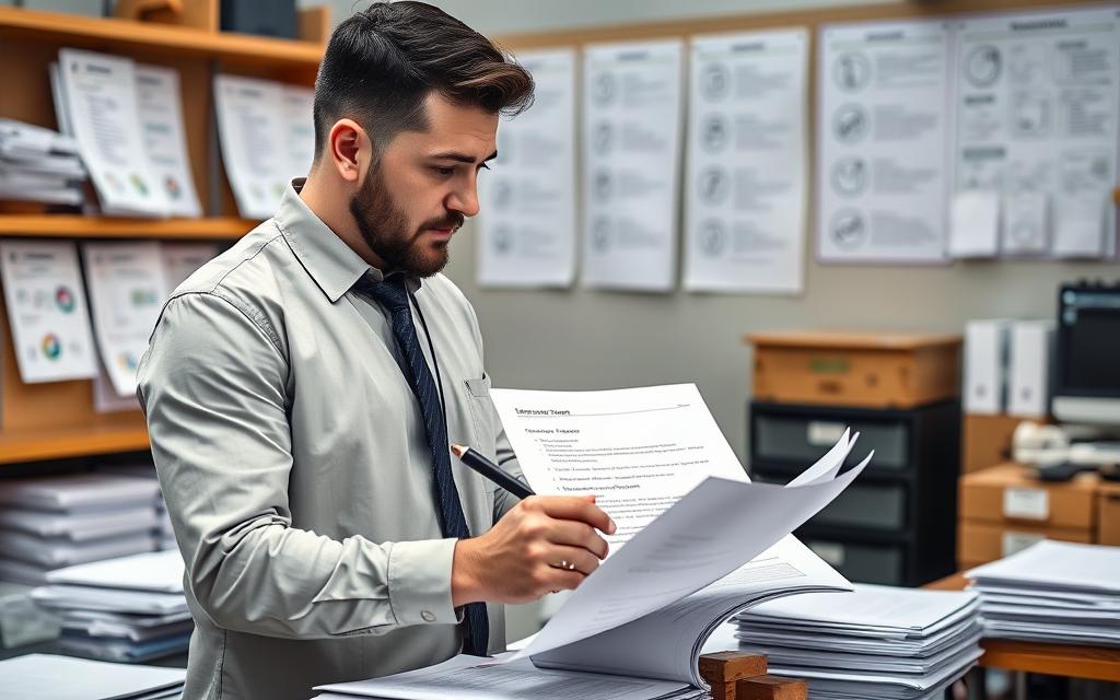Man in a shirt and tie reviewing and marking papers in a busy office with stacks of documents and charts on the walls.