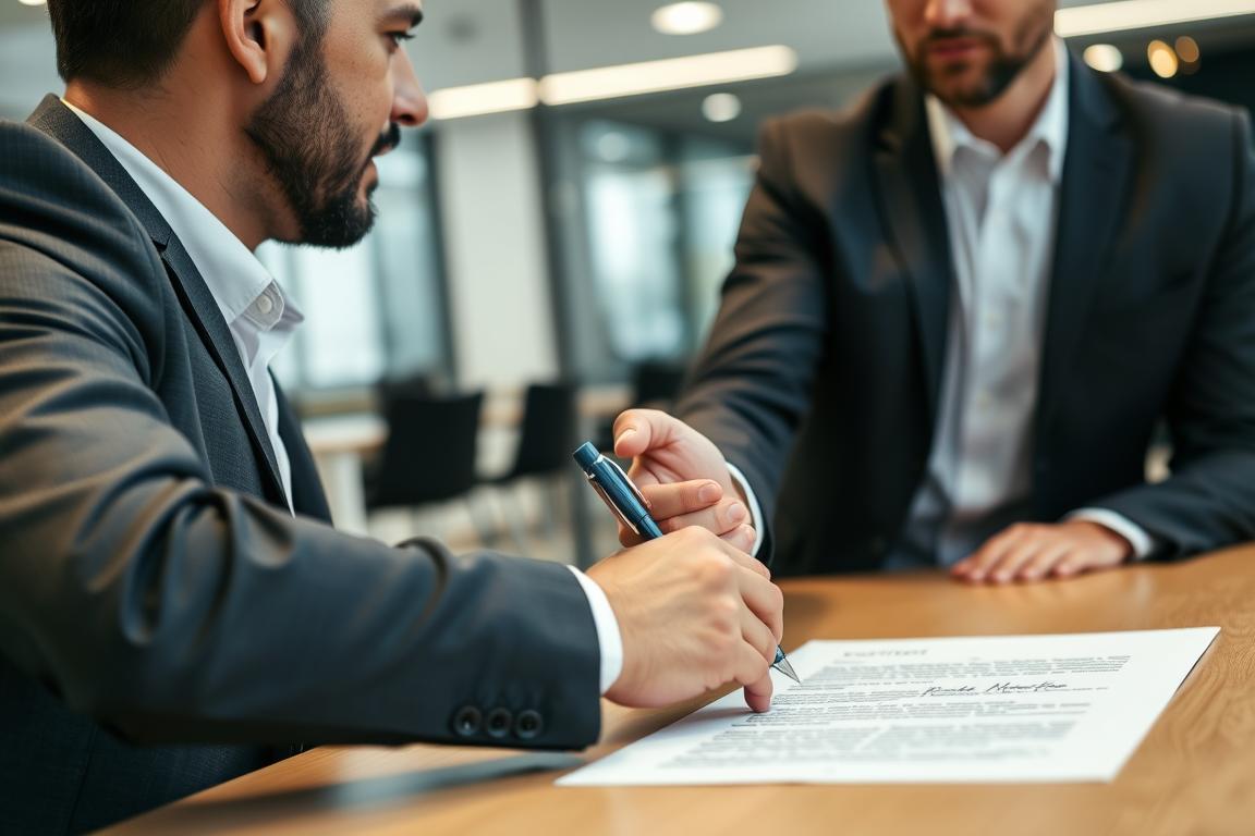 Businessman signing a contract paper at a table while another man in a suit gestures next to him in an office setting.