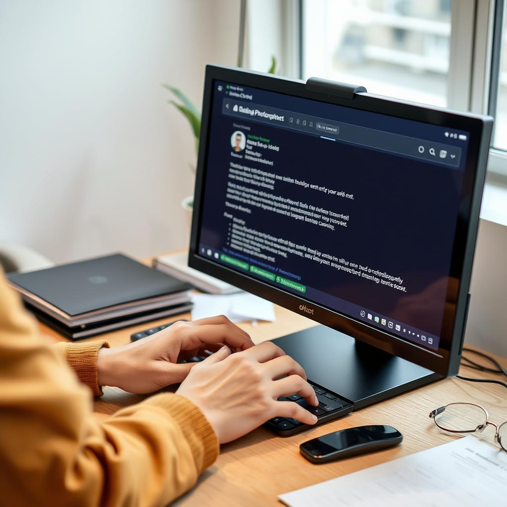 Person typing on a keyboard connected to a desktop monitor displaying a dark-themed messaging or email interface on a wooden desk near a window.