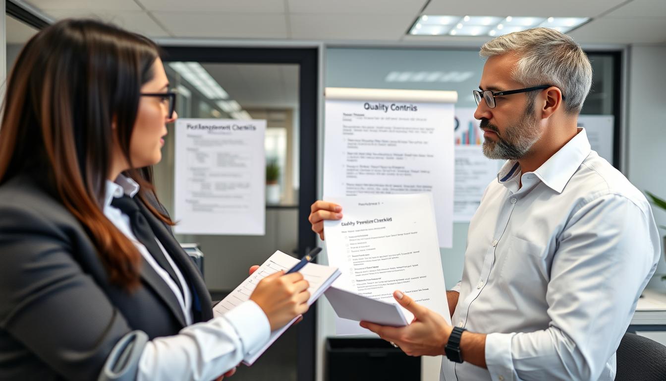 Two professionals discussing documents in an office, one holding papers titled 'Quality Controls' and the other taking notes on a clipboard.
