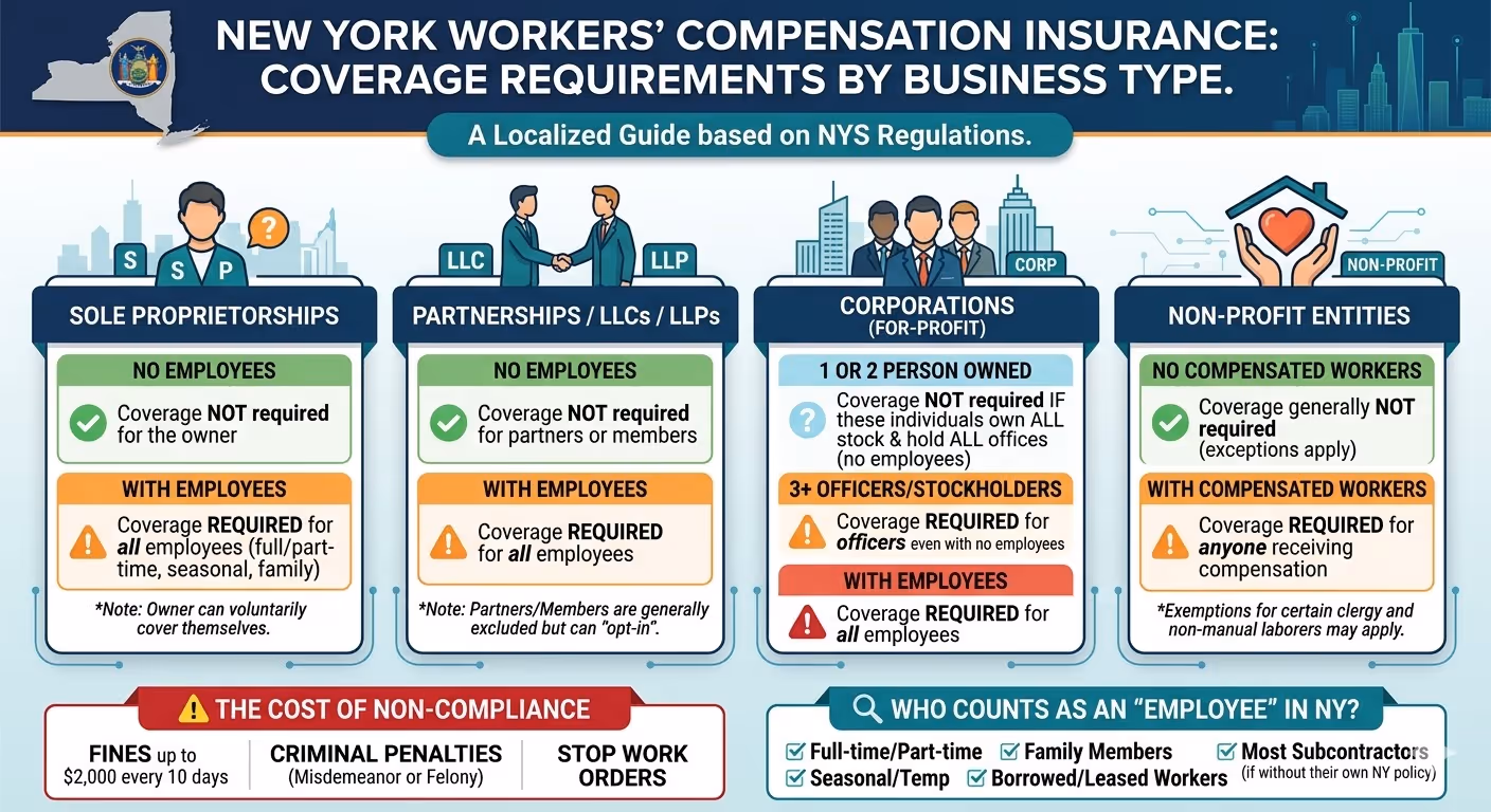 Infographic detailing New York workers' compensation insurance coverage requirements by business type, including sole proprietorships, partnerships/LLCs/LLPs, corporations, and non-profit entities with guidelines for employees and coverage mandates.