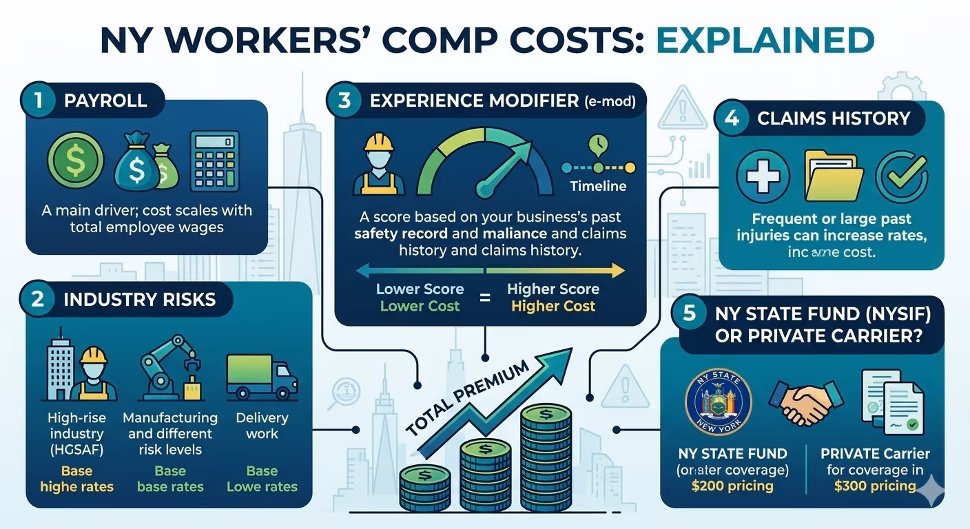 Infographic explaining NY workers' compensation costs, detailing payroll, industry risks, experience modifier, claims history, and state fund vs private carrier pricing.