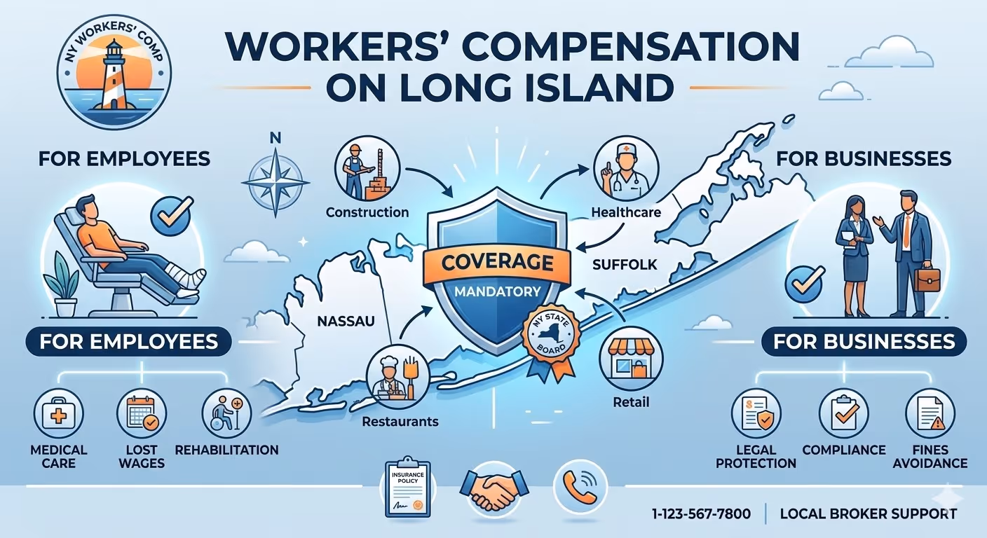 Infographic showing mandatory workers' compensation coverage on Long Island, highlighting benefits for employees such as medical care, lost wages, rehabilitation, and for businesses including legal protection, compliance, and fines avoidance, with illustrations of construction, healthcare, restaurants, and retail in Nassau and Suffolk counties.