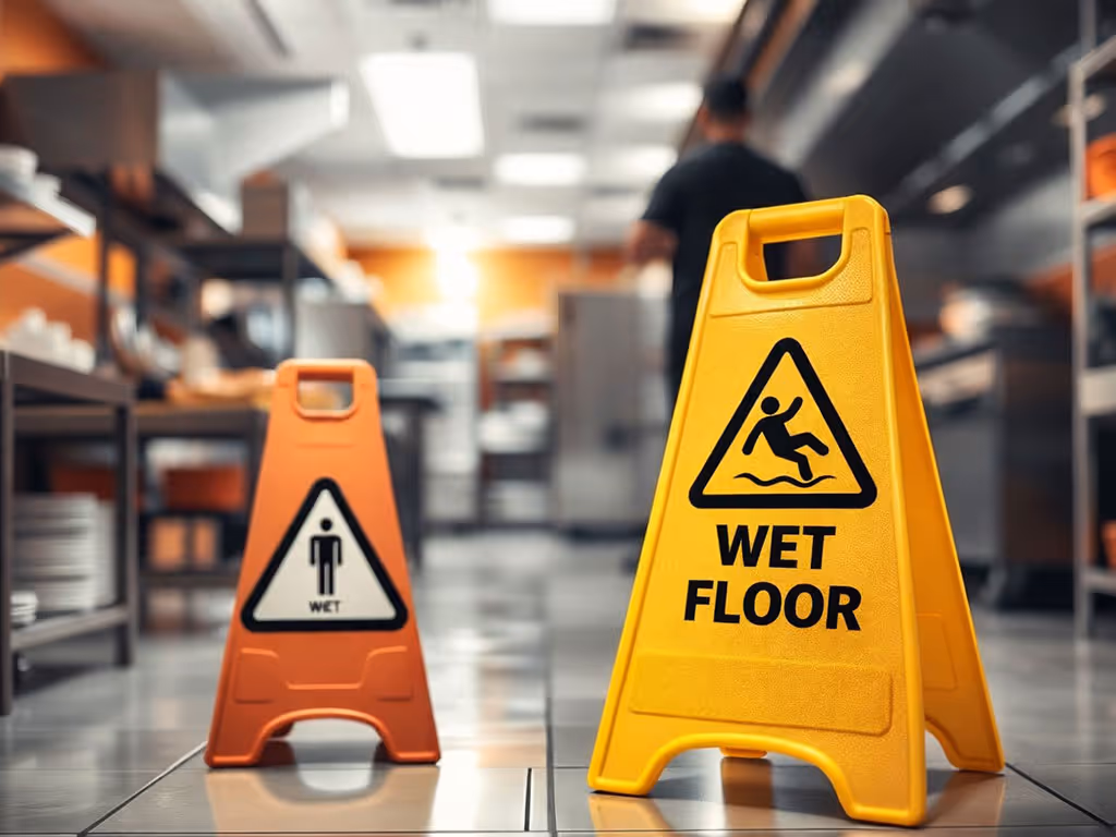 Yellow and orange wet floor caution signs on shiny tiled floor in a commercial kitchen.