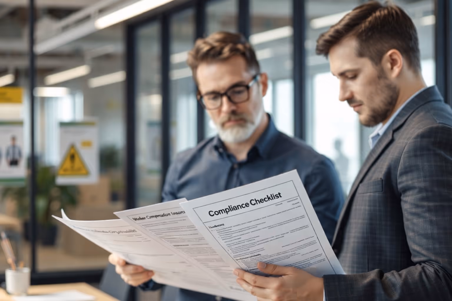 Two businessmen reviewing a paper titled Compliance Checklist in an office setting.