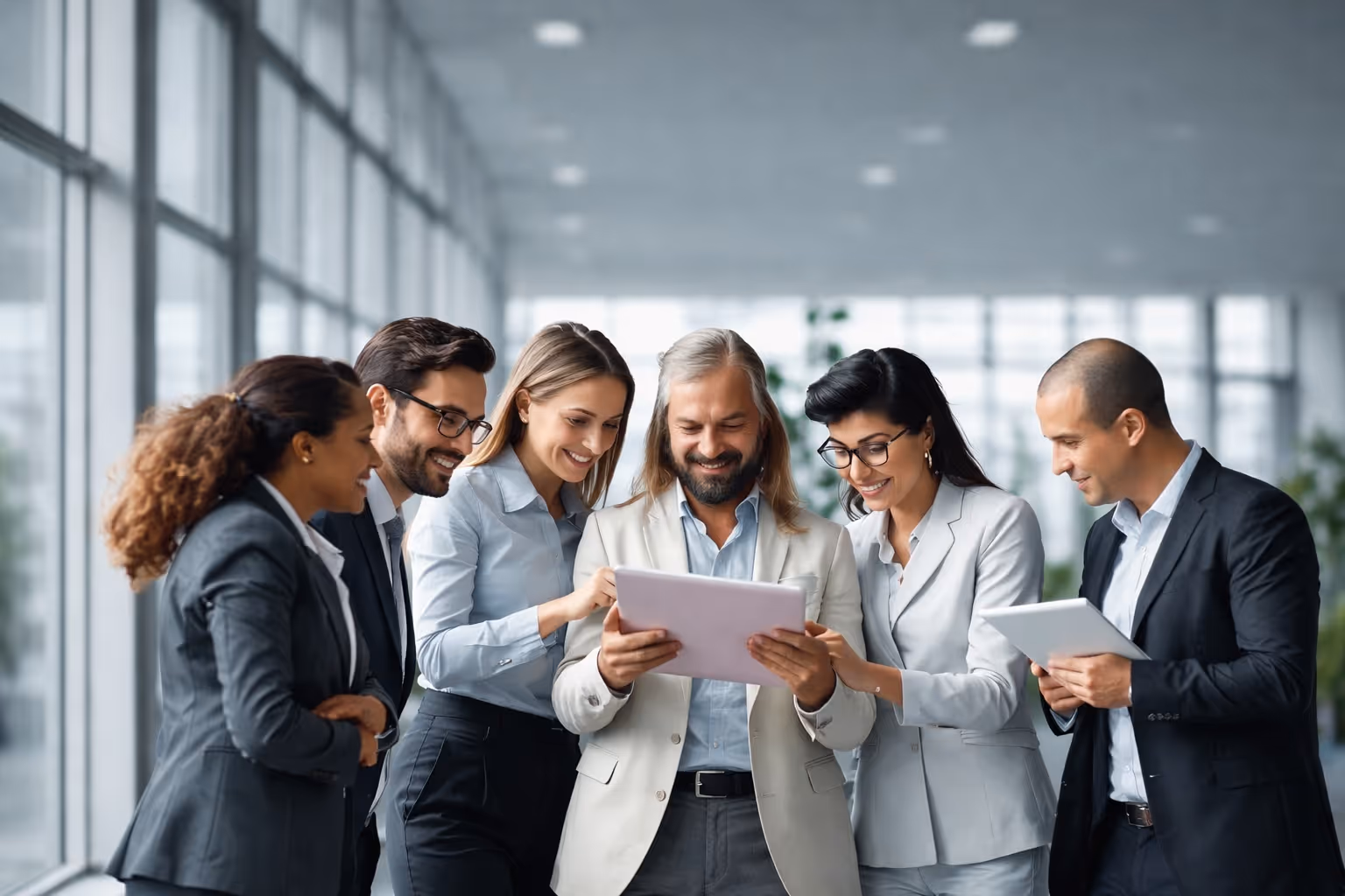Six diverse business professionals standing in a modern office corridor, smiling and looking at tablets together.