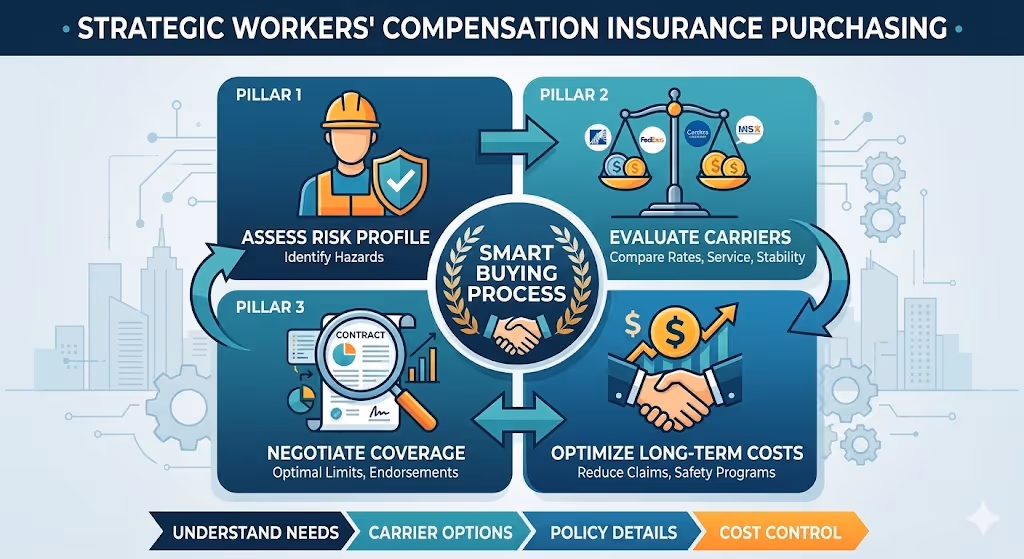 Infographic illustrating a strategic workers' compensation insurance purchasing process with four pillars: Assess Risk Profile, Evaluate Carriers, Negotiate Coverage, and Optimize Long-Term Costs around a central 'Smart Buying Process' handshake icon.