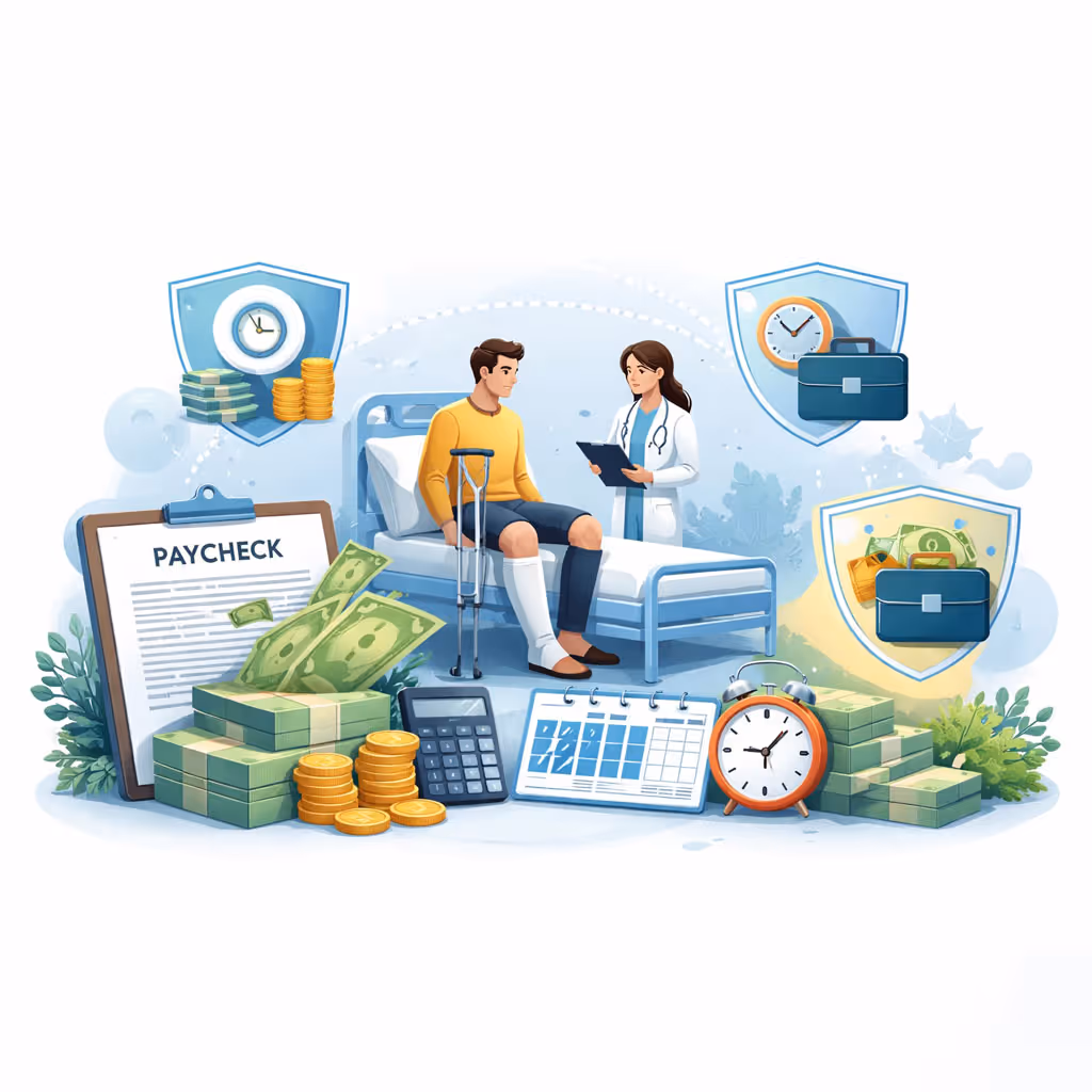 Illustration of an injured man with crutches sitting on a hospital bed talking to a female doctor, surrounded by paycheck document, stacks of money, coins, calculator, calendar, clock, and shield icons representing time and financial protection.