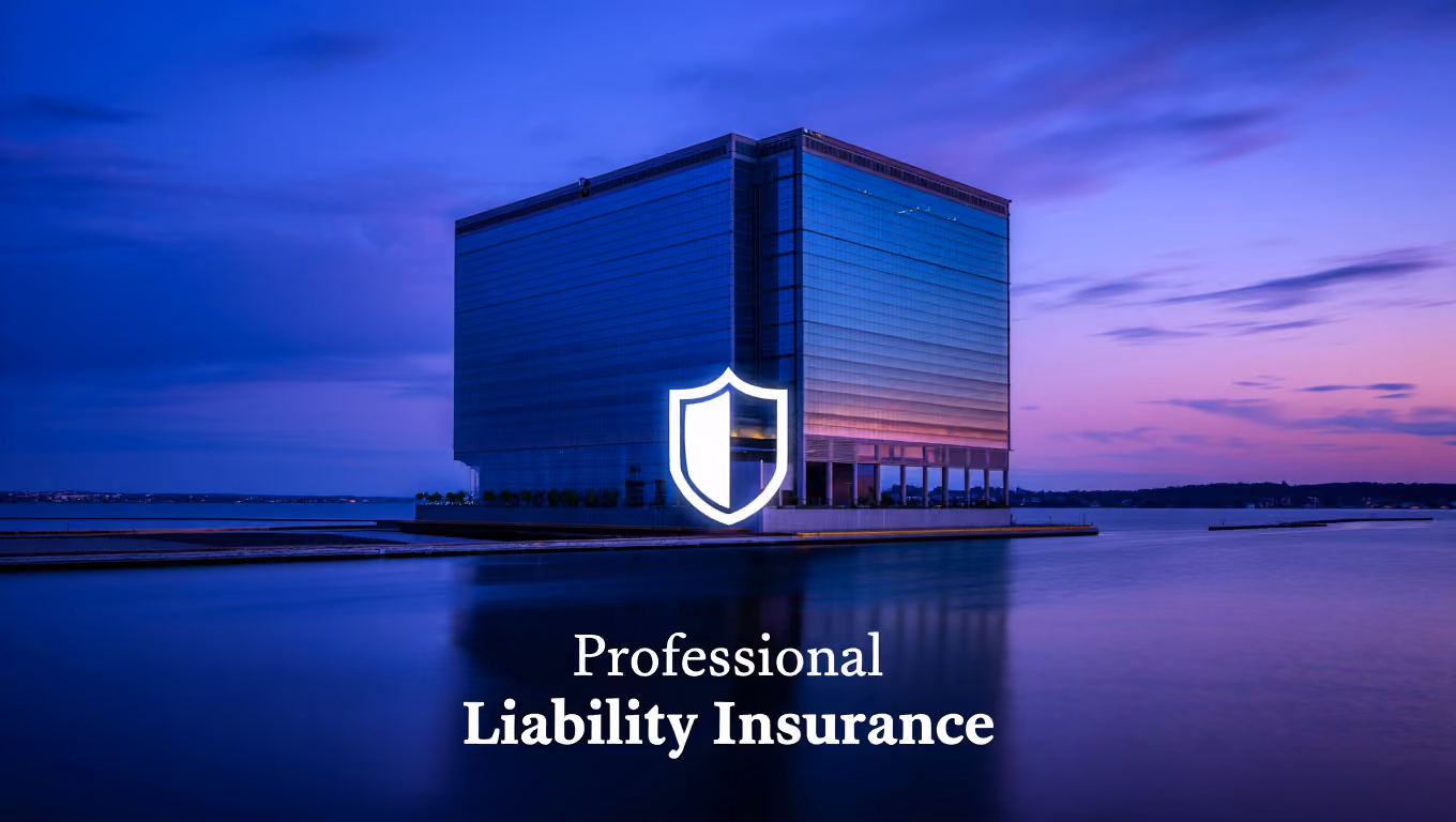 Modern glass building on waterfront at dusk with a shield icon and text professional liability insurance.