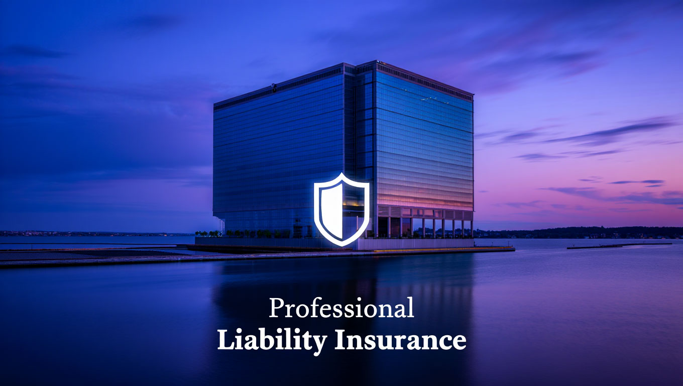 Modern glass building on waterfront at dusk with a shield icon and text professional liability insurance.