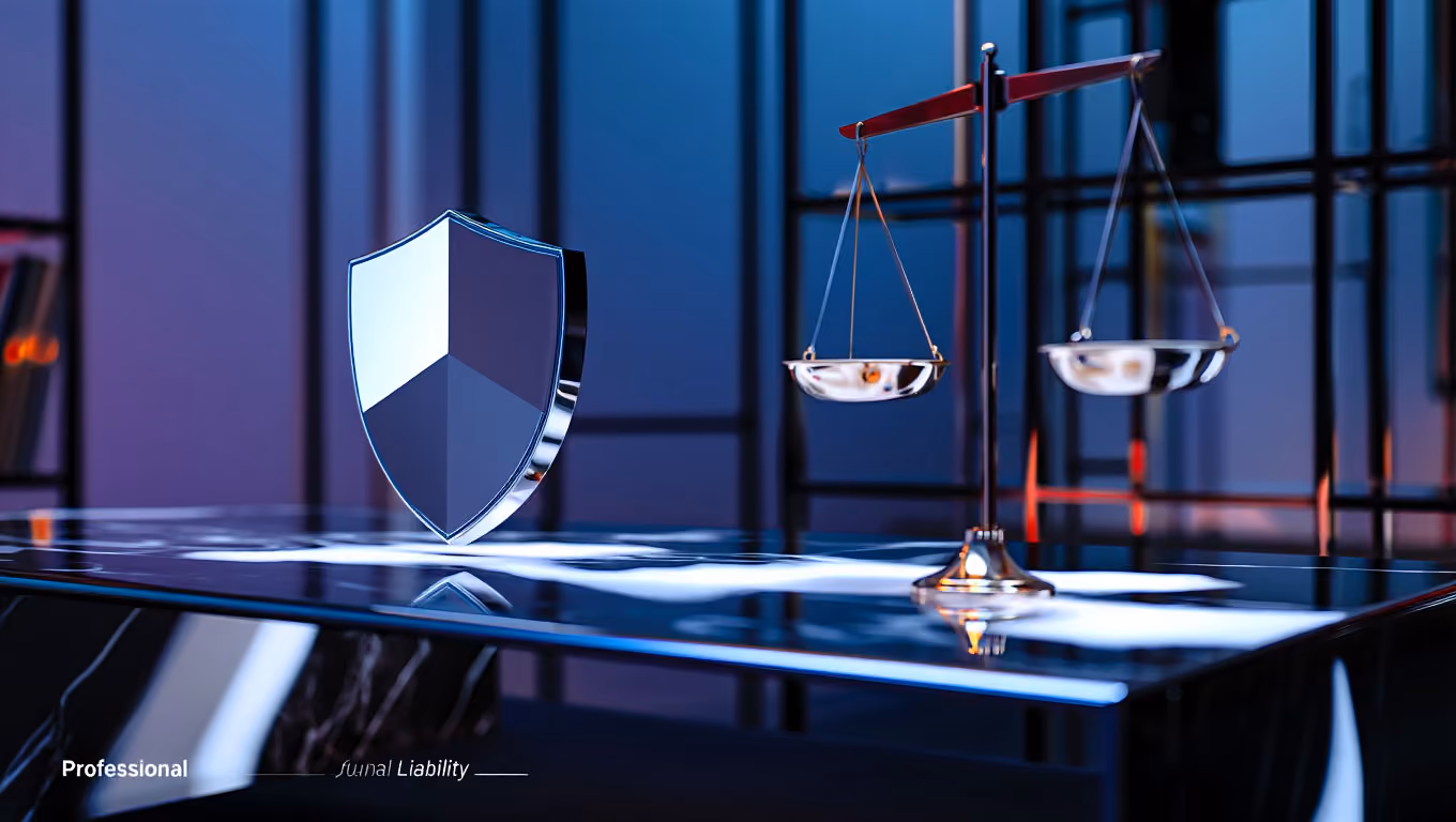 Metallic scales of justice and shield icon on reflective surface representing professional liability insurance.