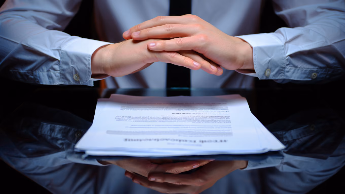 Person dressed in a light blue shirt and black tie with hands clasped resting on a table with documents.