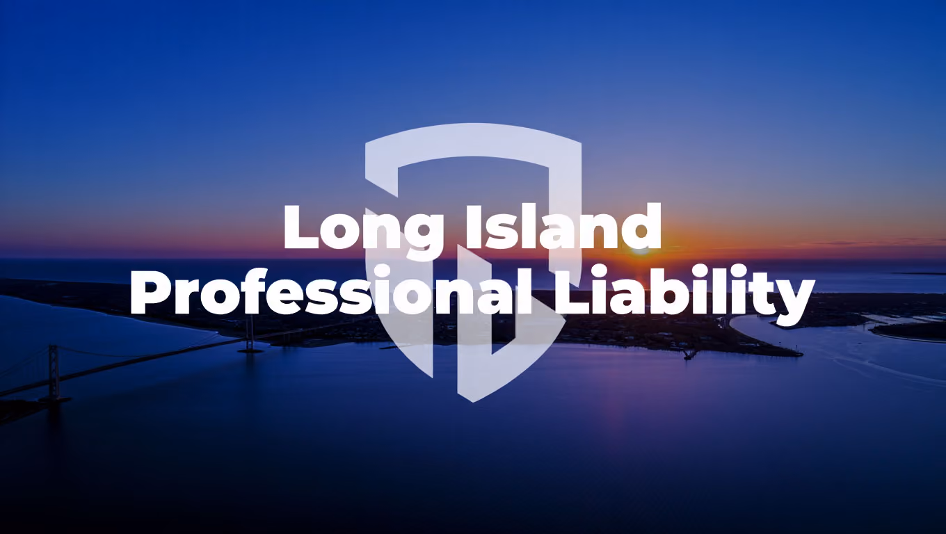 Sunset over a Long Island bridge and water with overlay text 'Long Island Professional Liability' and shield logo.