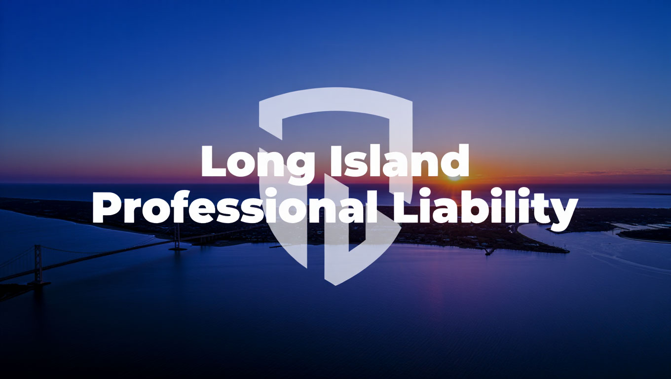 Sunset over a Long Island bridge and water with overlay text 'Long Island Professional Liability' and shield logo.