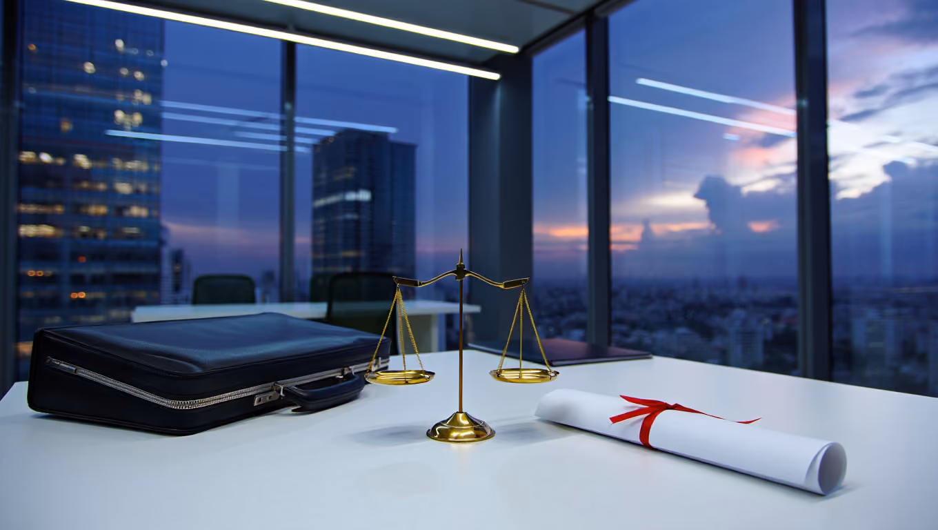 Golden balance scale, rolled diploma tied with red ribbon, and black briefcase on a white table in a modern office with cityscape at dusk.