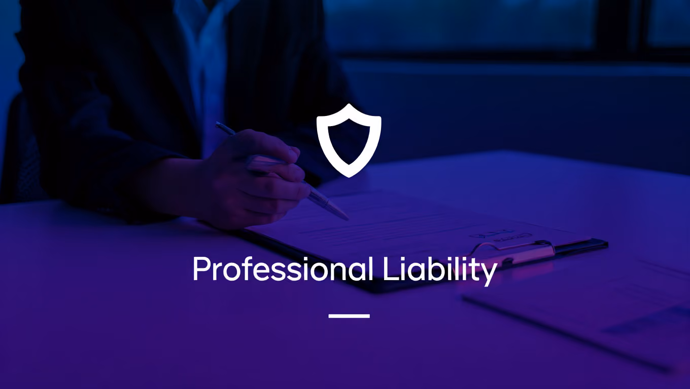 Person signing a document on a clipboard with a shield icon above and the text Professional Liability.