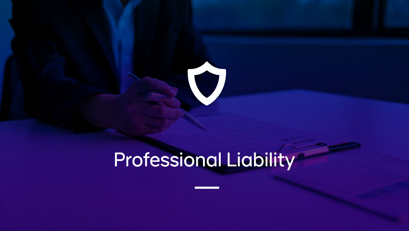 Person signing a document on a clipboard with a shield icon above and the text Professional Liability.