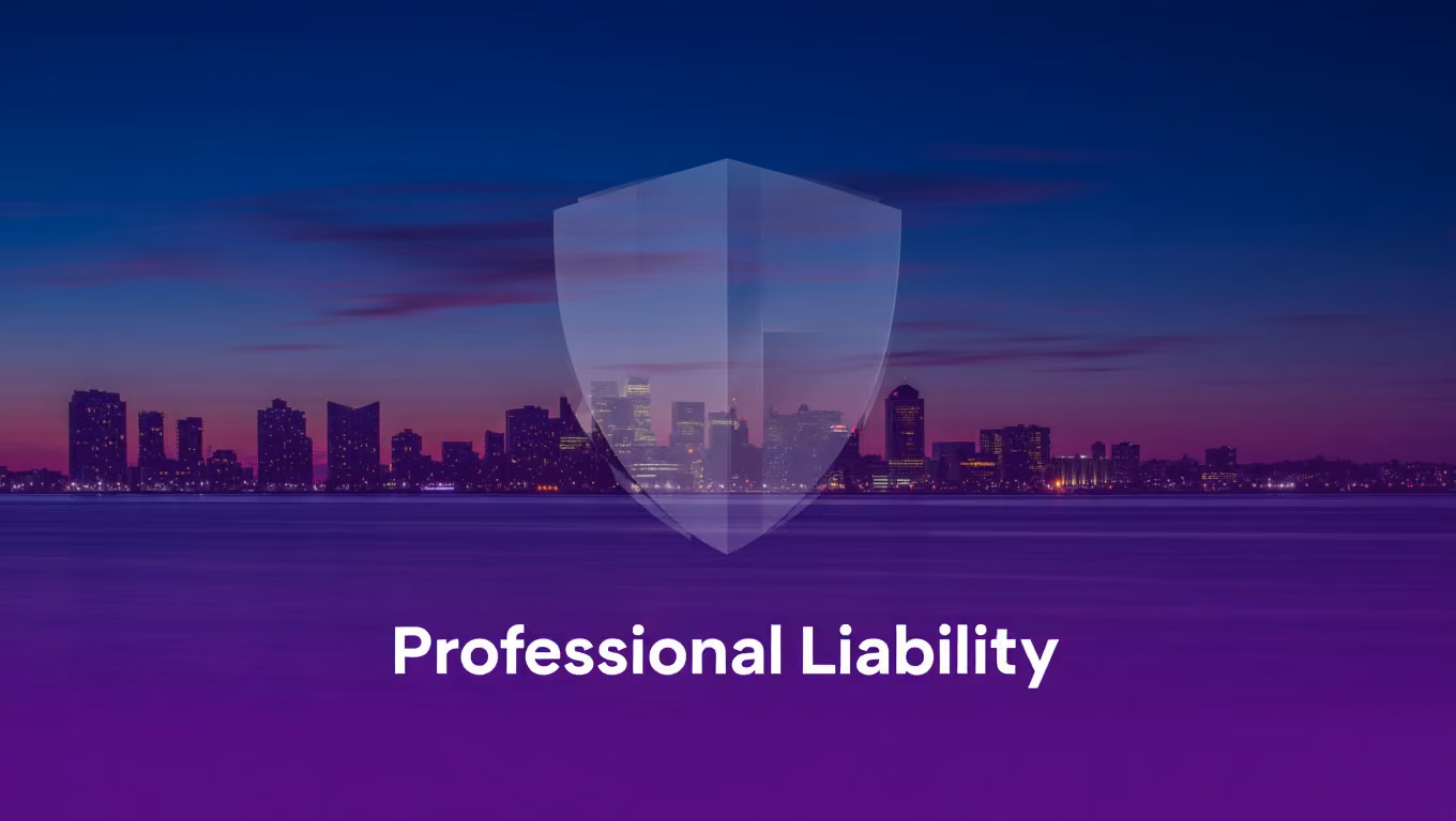 City skyline at dusk with a large transparent shield icon and the text Professional Liability.