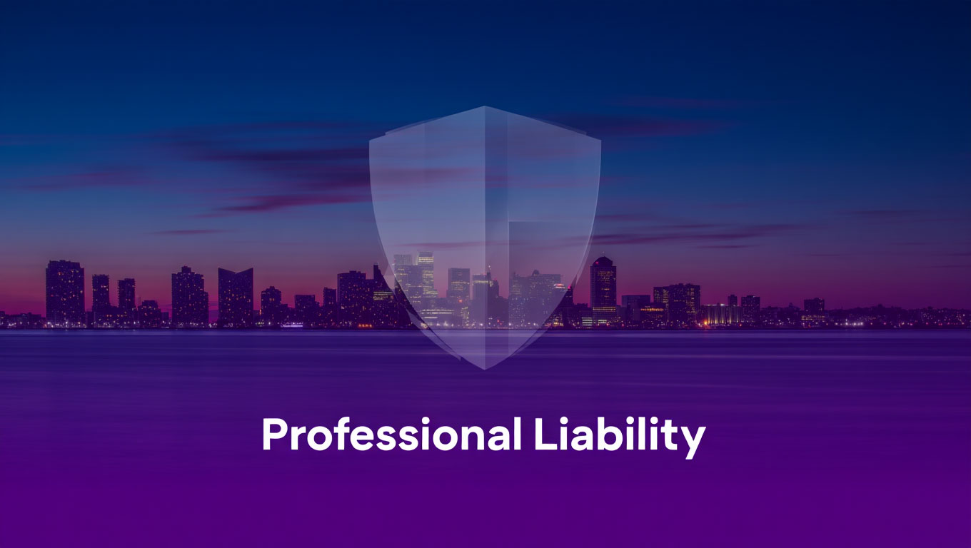 City skyline at dusk with a large transparent shield icon and the text Professional Liability.
