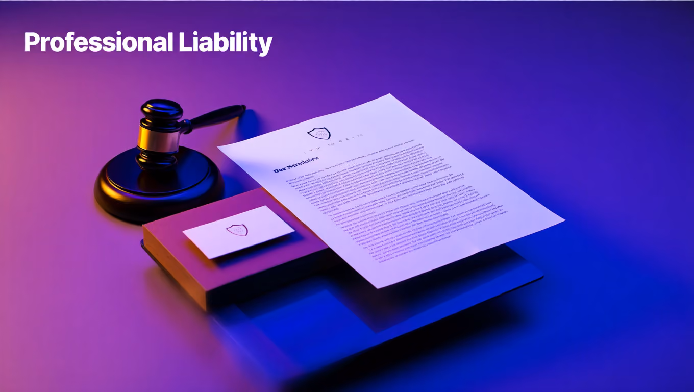 Gavel, document, and business card on box under purple and blue lighting with 'Professional Liability' text.