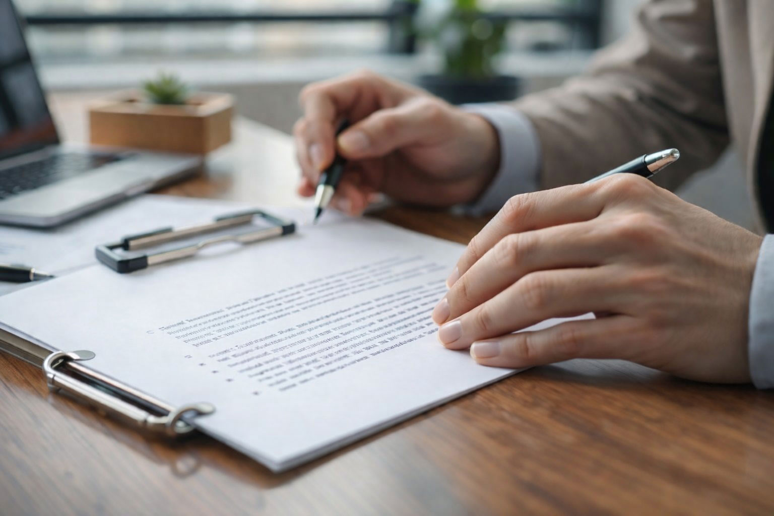 Person reviewing and signing a document on a clipboard at a wooden desk with a laptop and plant in the background.