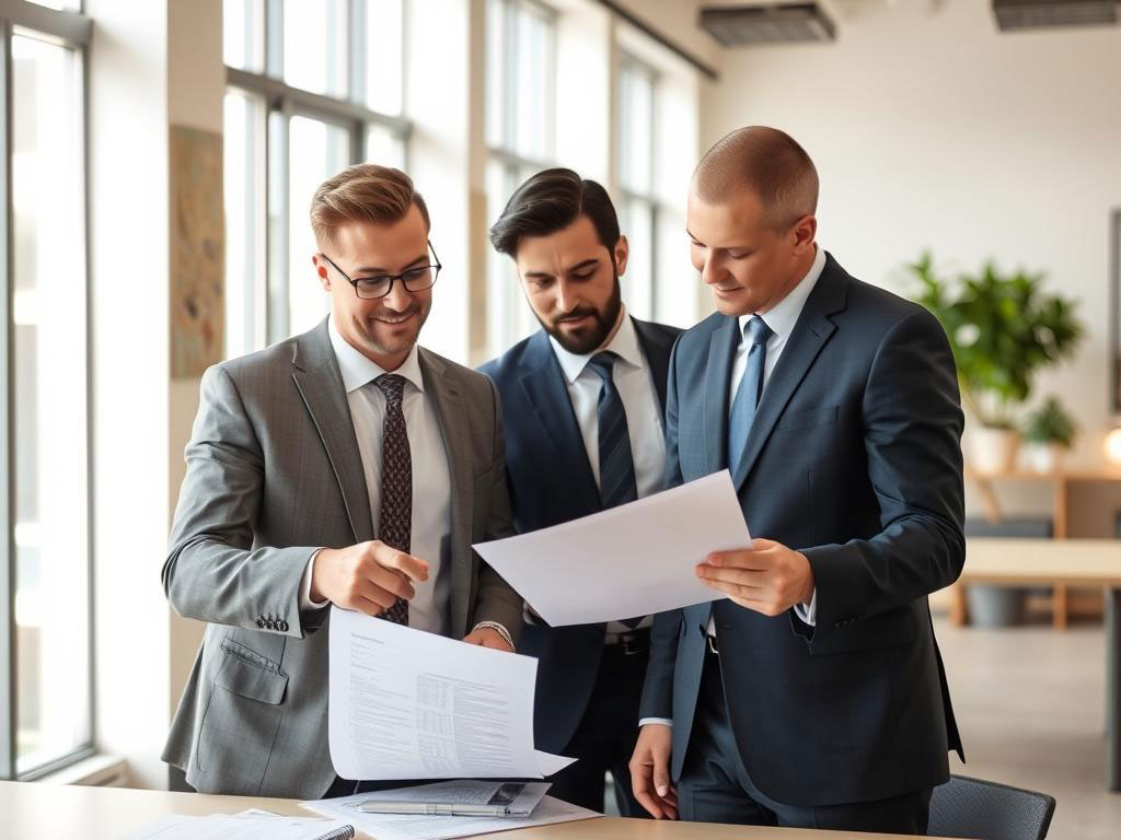 Three businessmen in suits reviewing and discussing documents together in a modern office with large windows.
