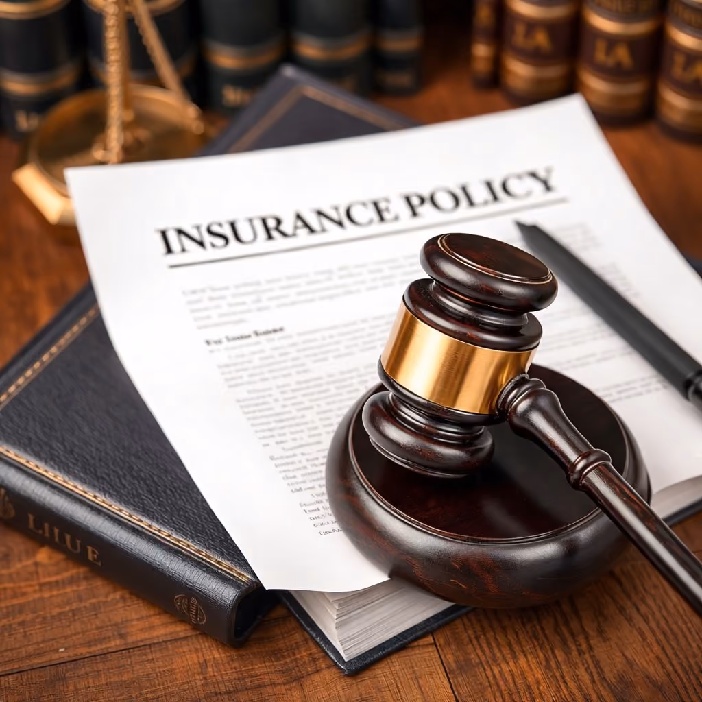 Judge's gavel resting on an insurance policy document placed on a law book on a wooden table.