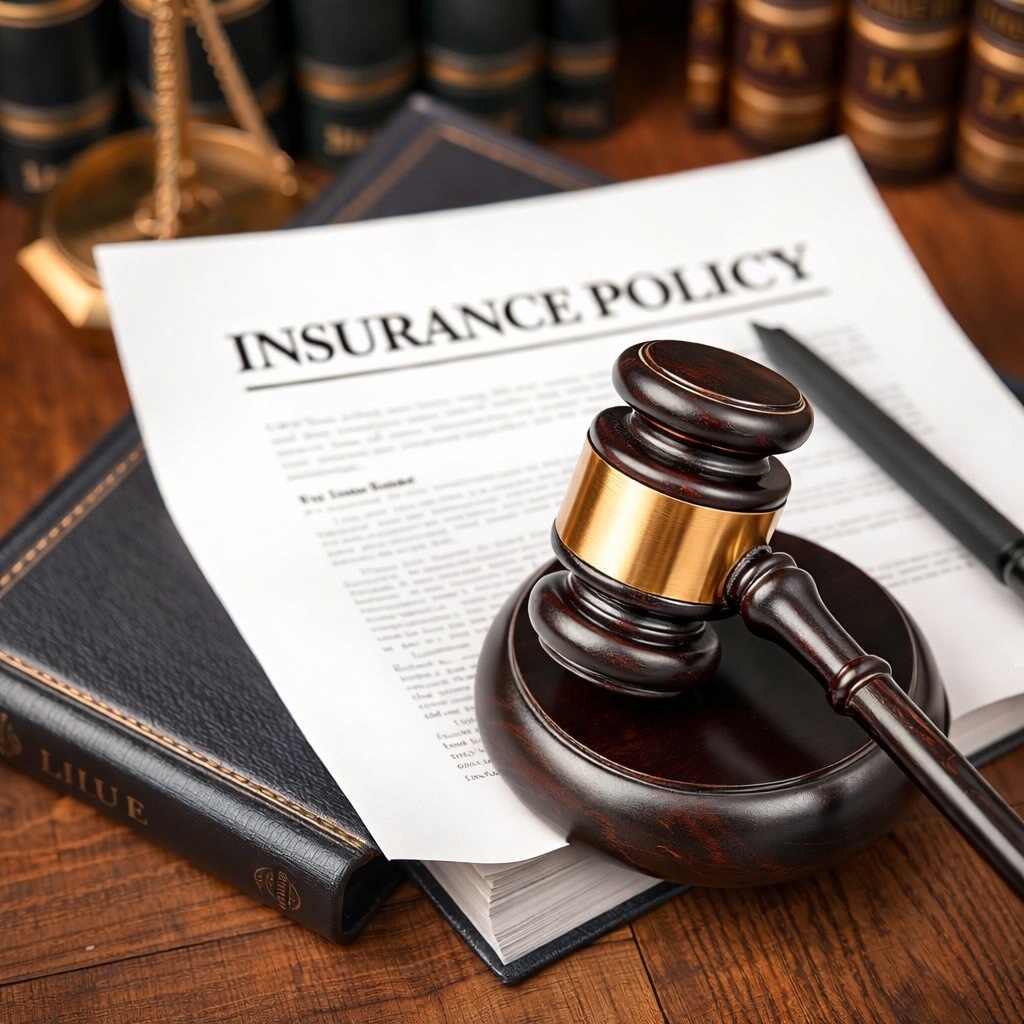 Judge's gavel resting on an insurance policy document placed on a law book on a wooden table.