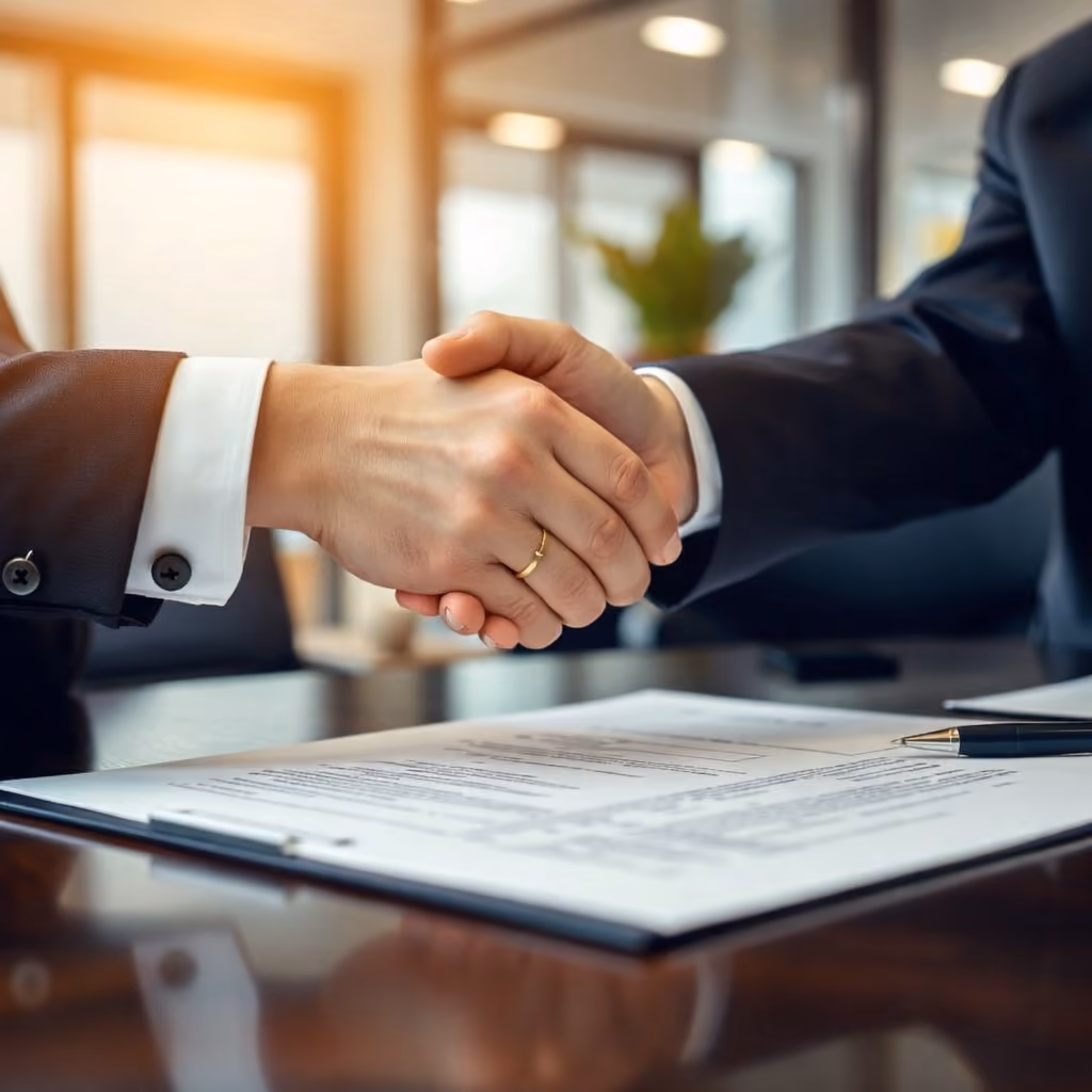Two businesspeople shaking hands over a desk with a contract and pen.