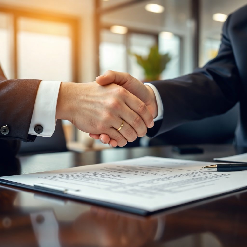 Two businesspeople shaking hands over a desk with a contract and pen.