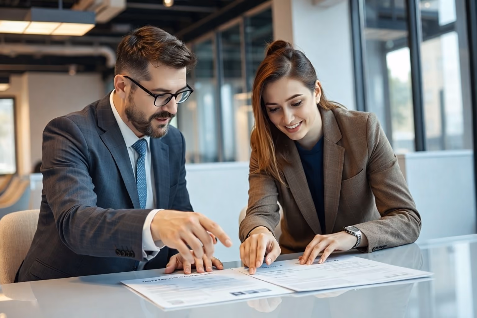 Man and woman in business attire reviewing documents together at a glass table in a modern office.