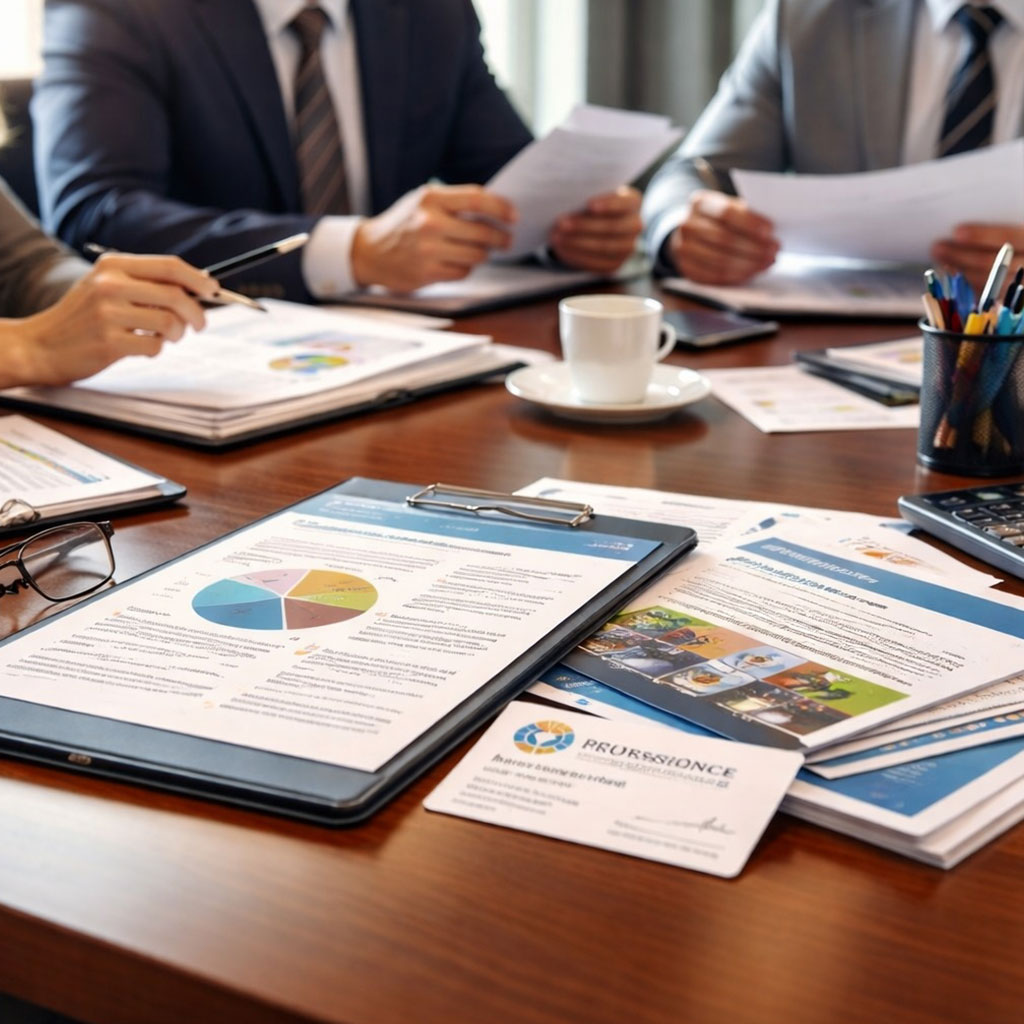 Business meeting with people in suits discussing documents with charts and graphs on a wooden table.