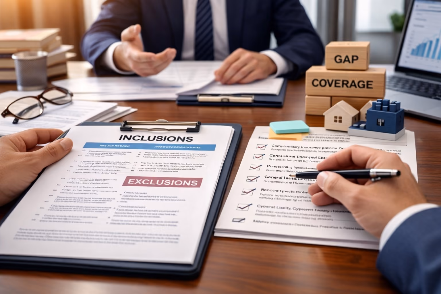 Two people in business suits reviewing documents titled 'Inclusions' and 'Exclusions' with a checklist, wooden blocks labeled 'GAP' and 'COVERAGE,' and miniature house models on a desk.