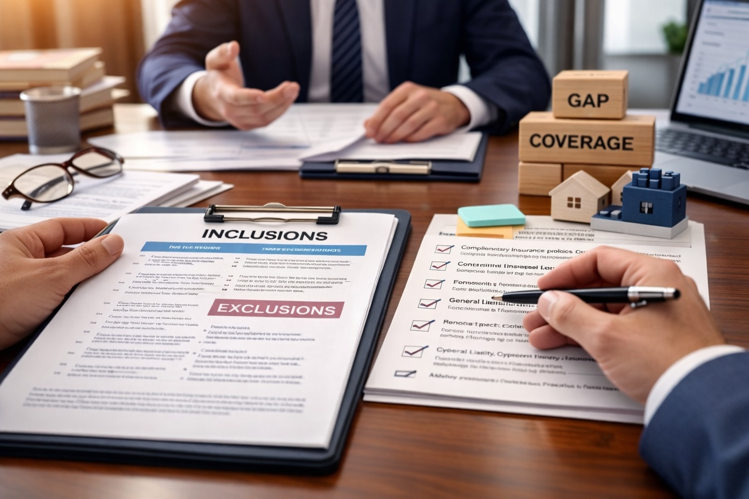 Two people in business suits reviewing documents titled 'Inclusions' and 'Exclusions' with a checklist, wooden blocks labeled 'GAP' and 'COVERAGE,' and miniature house models on a desk.