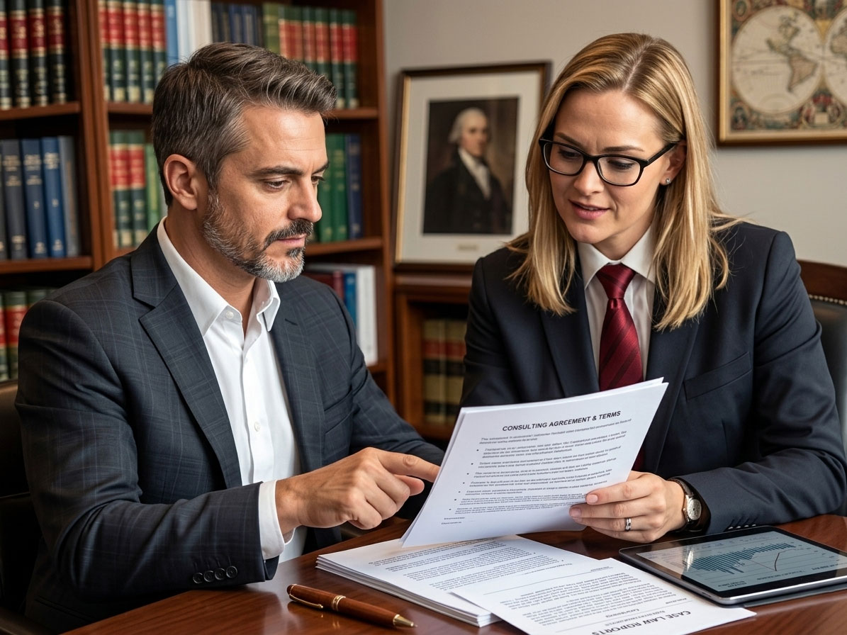 Man and woman in business attire reviewing a consulting agreement document together at a desk with bookshelves in the background.