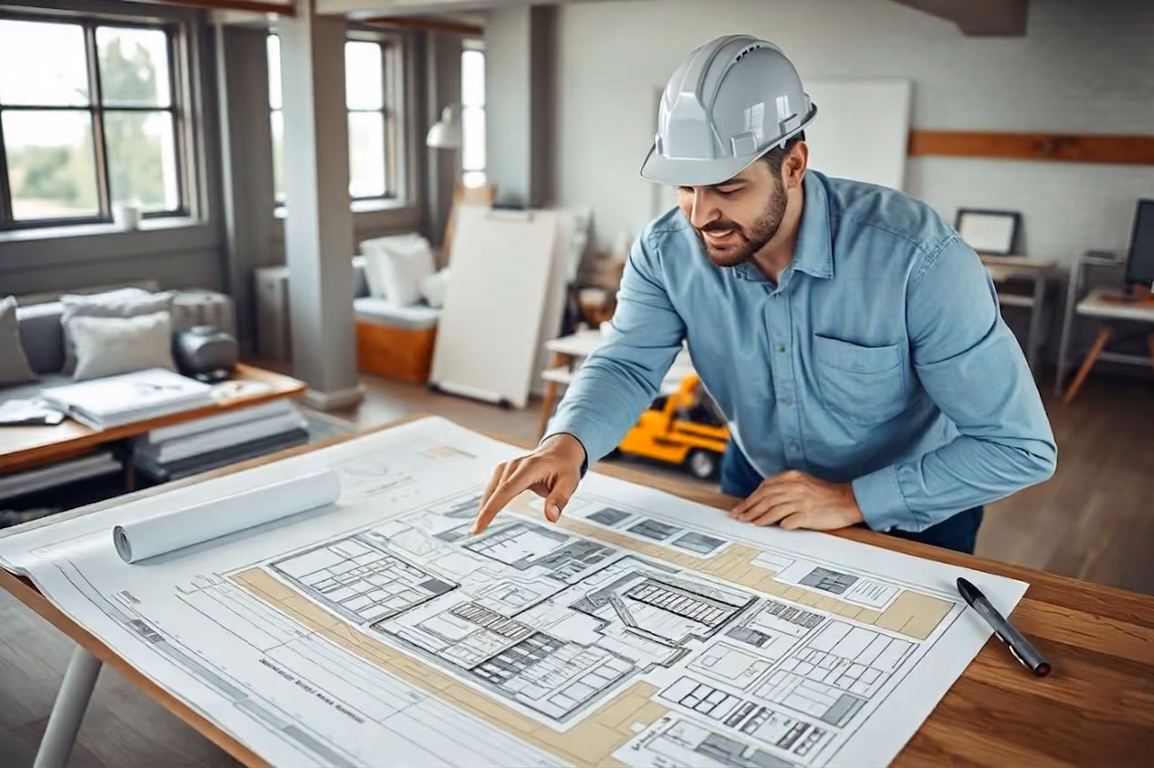 Construction worker in a hard hat examining architectural blueprints on a table in an office.