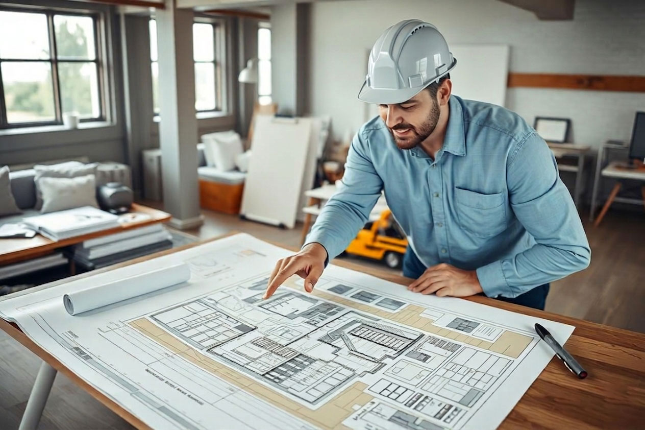 Construction worker in a hard hat examining architectural blueprints on a table in an office.