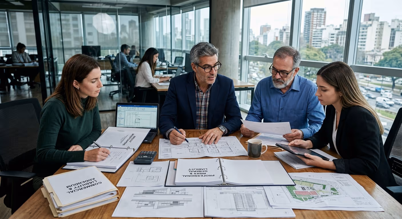 Four professionals collaborate at a table covered with architectural blueprints, binders, and documents inside a modern office with large windows showing a city view.
