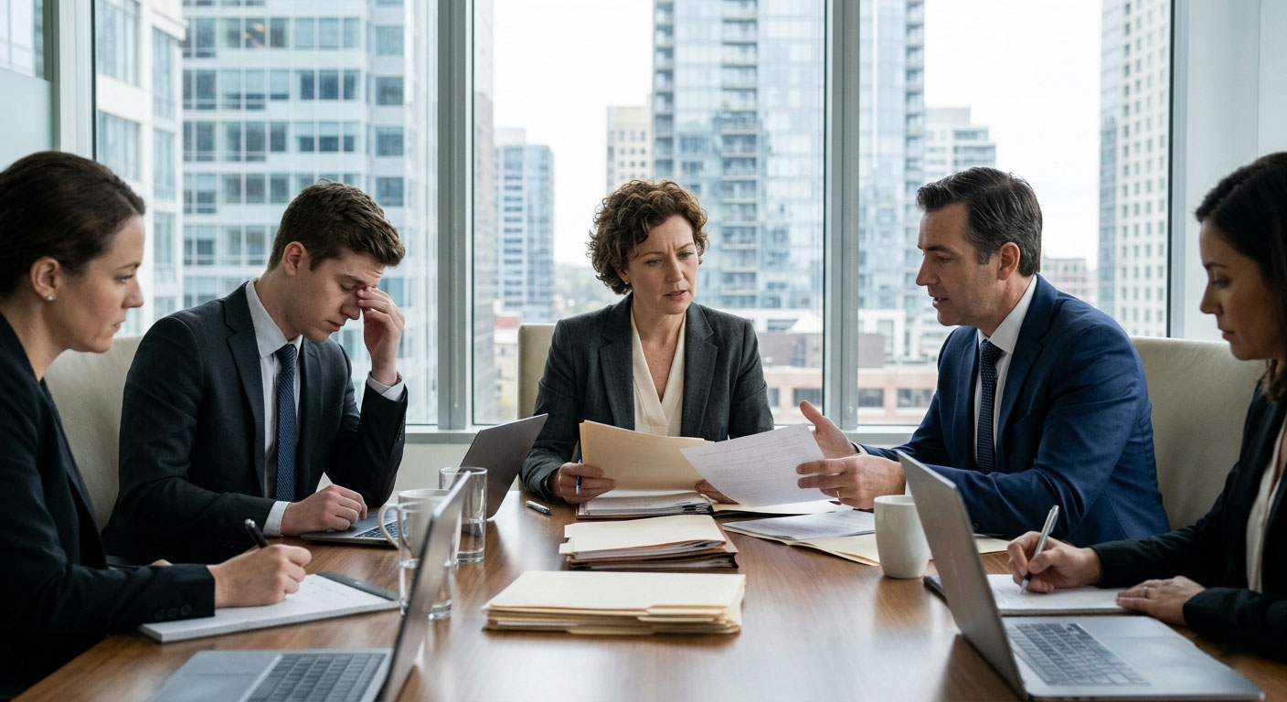 Five business professionals in suits having a serious meeting around a table with documents and laptops in a modern office with city views.