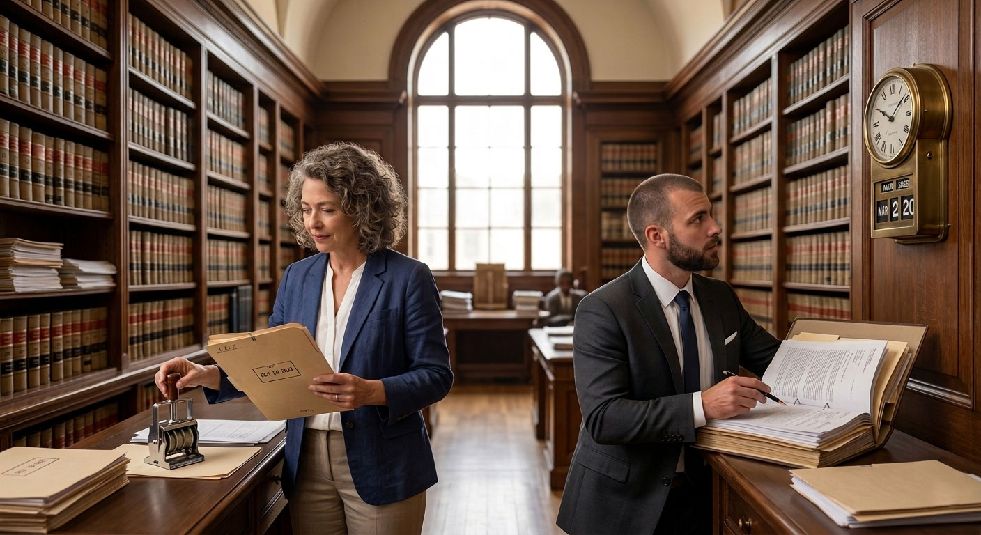 Two lawyers reviewing legal documents in a law library with shelves of law books and a large wall clock.