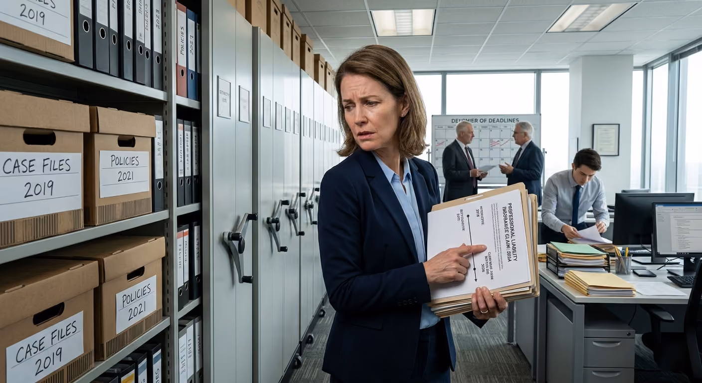 Woman in a suit holding and pointing to a file labeled 'Professional Liability Insurance Claim' in an office with shelves of labeled case files and colleagues working in the background.