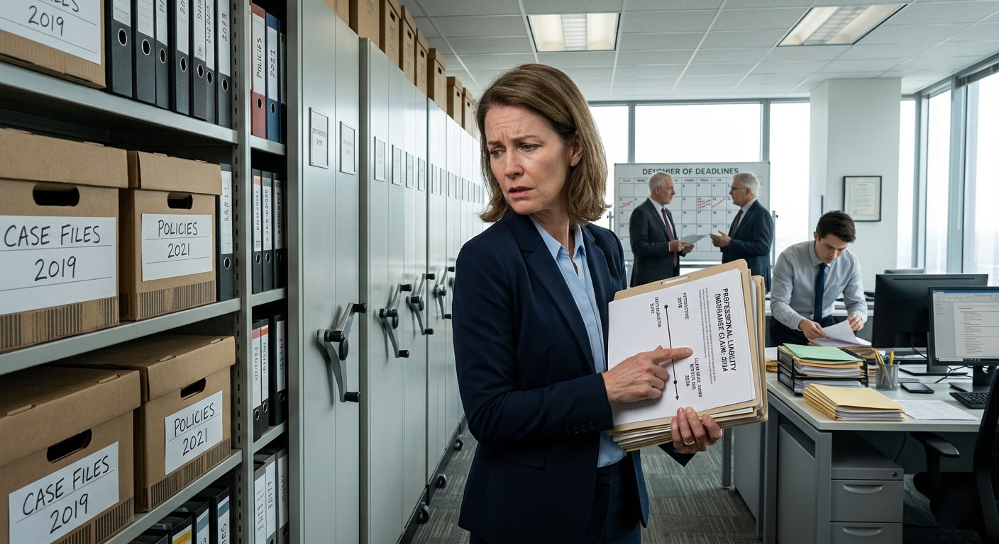 Woman in a suit holding and pointing to a file labeled 'Professional Liability Insurance Claim' in an office with shelves of labeled case files and colleagues working in the background.